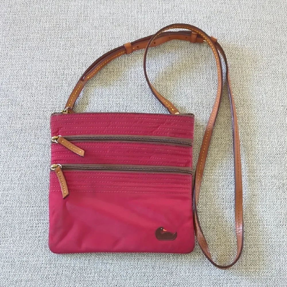 Red Nylon Dooney & Bourke Triple Zip Crossbody with tan Leather Trim